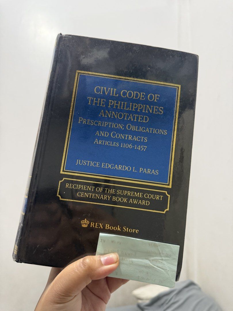 Civil Code of the Philippines Annotated by Paras (Category: Textbooks) located in Quezon City. Submitted by officially.aa (Listing ID 1466276530, Image 1). Description: Title: Civil Code of the Philippines Annotated (Prescription, Obligations, and Contracts - Articles 1106-1457) Author: Justice Edgardo L. Paras - Contains handwritten notes, highlights, and annotations from previous study sessions; binding remains intact and text is fully readable