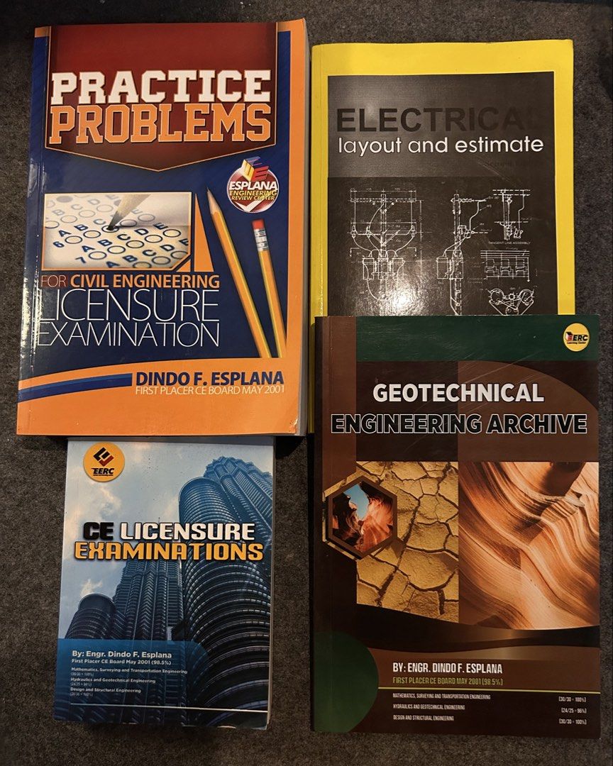 Civil Engineering Books Bundle/Set (Category: Textbooks) located in Abulug. Submitted by dianne1215 (Listing ID 1466166569, Image 1). Description: 📍Isabela, ship through j&t/lbc -ce review books (cele problem sets, electrical layout and estimate, geotechnical engineering archive).
