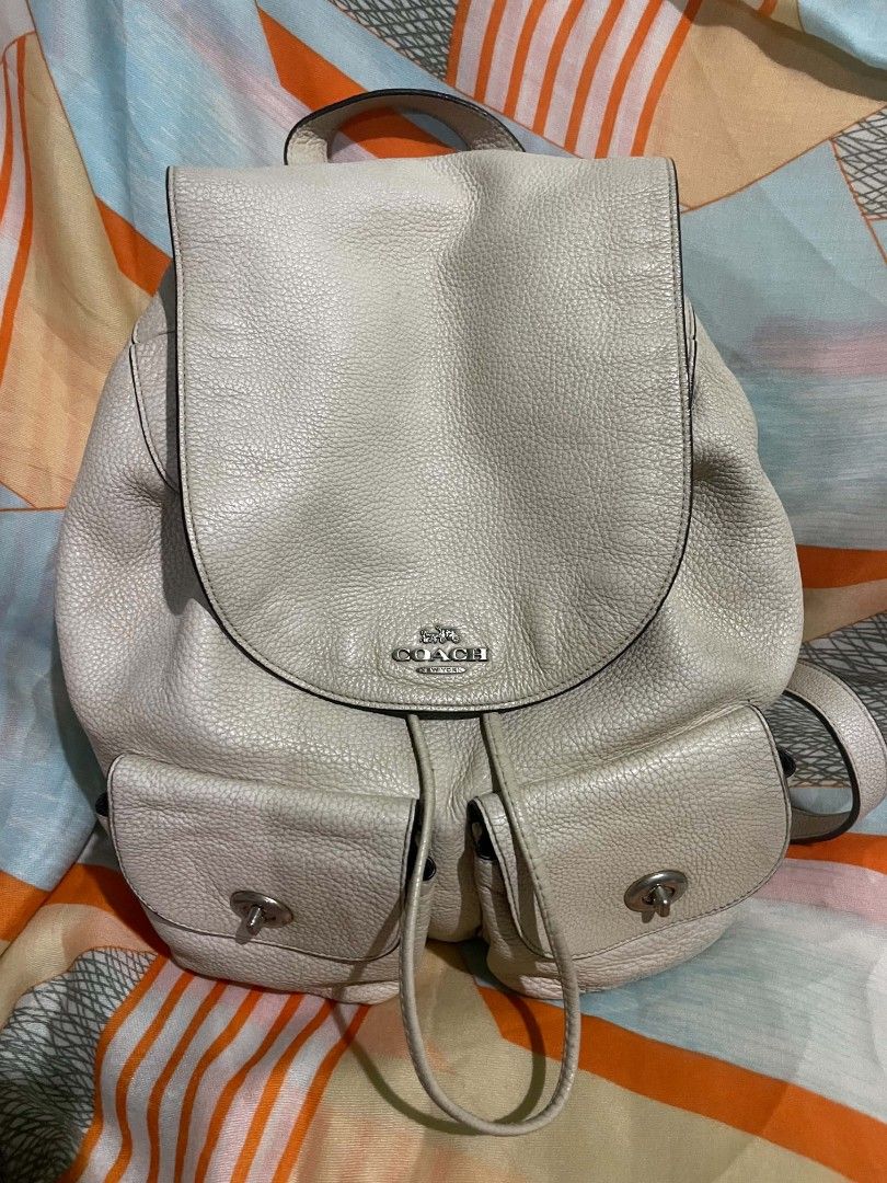 Coach Pebbled Leather Billy Backpack F29008 White Leather Backpack (Category: Backpacks) located in Legazpi City. Submitted by treasurebonbon (Listing ID 1466275770, Image 1). Description: Overall: small scratches (bottom part) sign of usage Condition : Excellent Condition, barely used .