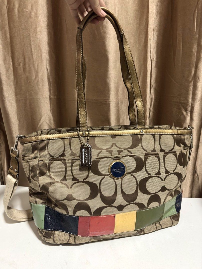 Coach Signature Stripe Multicolour Patchwork Tote Bag (Category: Luxury Bags & Wallets) located in Manila. Submitted by fifi.declutters (Listing ID 1466291521, Image 1). Description: price is negotiable :) just send me a message! - preloved bag, perfect work bag - interior is clean, no stains - classic monogram canvas with vibrant multicolored patent leather stripe - includes dual shoulder handles and an adjustable/detachable shoulder strap - ver