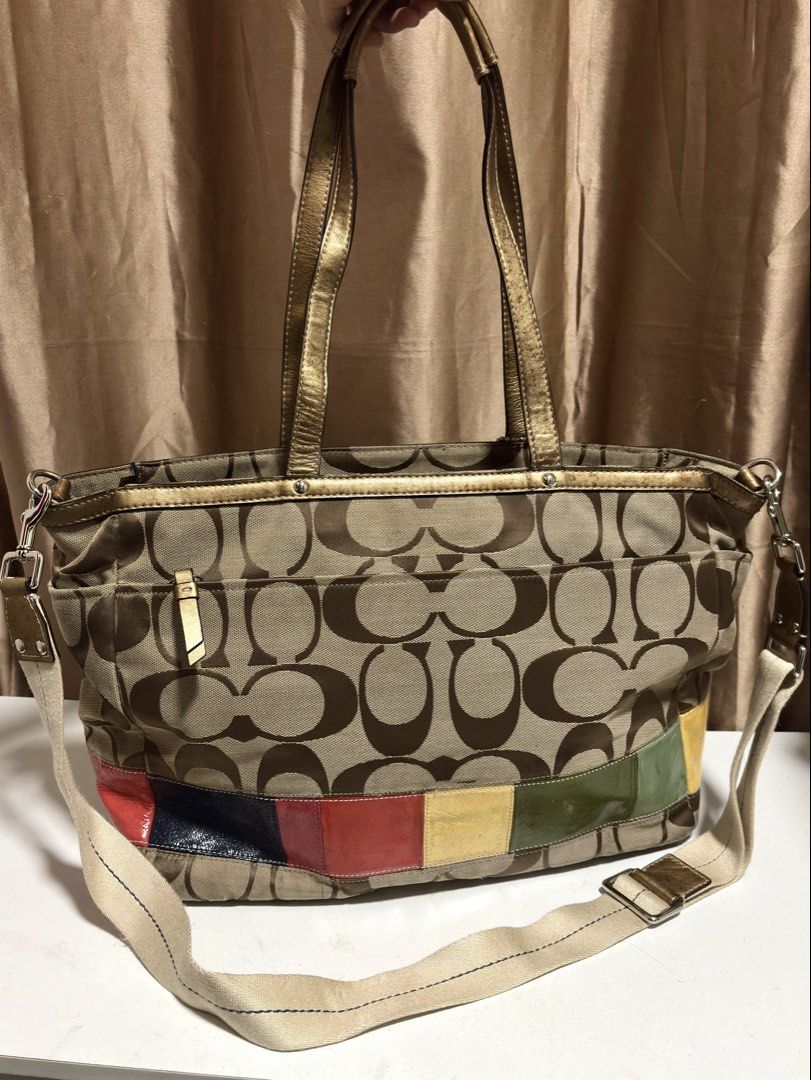Coach Signature Stripe Multicolour Patchwork Tote Bag (Category: Luxury Bags & Wallets) located in Manila. Submitted by fifi.declutters (Listing ID 1466291521, Image 3). Description: price is negotiable :) just send me a message! - preloved bag, perfect work bag - interior is clean, no stains - classic monogram canvas with vibrant multicolored patent leather stripe - includes dual shoulder handles and an adjustable/detachable shoulder strap - ver