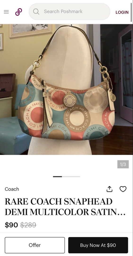 Coach Snaphead Demi Multicolor Satin Shoulder Bag (Category: Luxury Bags & Wallets) located in Cebu City. Submitted by gabgaaab (Listing ID 1466324392, Image 2). Description: - Coach Snaphead Demi Multicolor Satin Shoulder Bag - Excellent Condition - Style: Snaphead Demi Shoulder Bag - Material: Multicolor satin fabric with pastel circles and Coach lettering - Hardware: Gold-tone - Details: Includes pink flower charm and signature Coach hangtag -