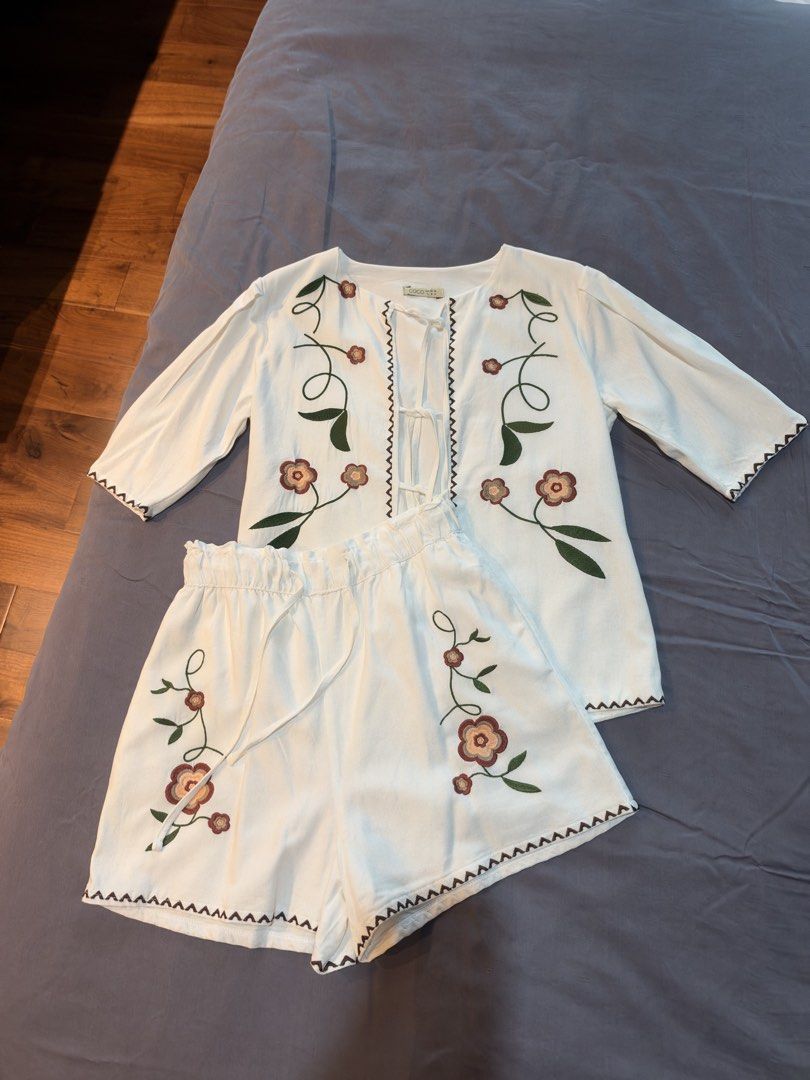 COCO Embroidered Tie-Front Top and Shorts Set (Category: Sets or Coordinates) located in Makati City. Submitted by khzkg (Listing ID 1466199829, Image 3). Description: Worn once Size Small Material: Linen Brand: Coco Collection (Sri Lankan brand) Very cute in person.