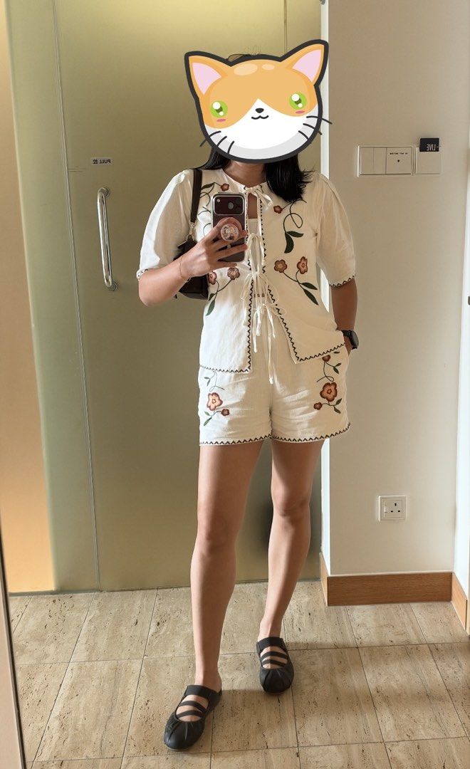 COCO Embroidered Tie-Front Top and Shorts Set (Category: Sets or Coordinates) located in Makati City. Submitted by khzkg (Listing ID 1466199829, Image 2). Description: Worn once Size Small Material: Linen Brand: Coco Collection (Sri Lankan brand) Very cute in person.