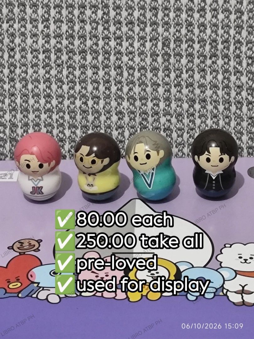 Cocoonuts JK J-Hope, Jimin, Suga (Category: K-Wave Merchandise) located in Quezon City. Submitted by libro_atbp (Listing ID 1466261728, Image 1). Description: 🧸💜 TINY TAN / BT21 FOR SALE! ⤷ Personal collection decluttering ✨ ⤷ Paubos sale. ⤷ 📸 Prices are on the photos. ⤷ 📍 North Olympus Subd., Quezon City • pm for inquiries • no cancellations! • PAYO ONLY! FIRST-TO-PAY POLICY MOD: sdd/j&t/flash MOP: gcash/maya/gotyme/maribank.