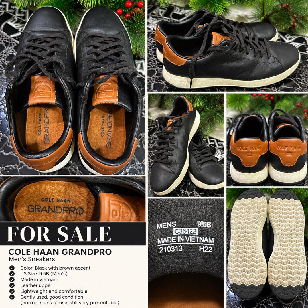 Cole Hann (Category: Casual Shoes) located in Quezon City. Submitted by nhamaq (Listing ID 1466292825, Image 1). Description: FOR SALE: Cole Haan GrandPrø Men’s Leather Sneakers 👟 Authentic Cole Haan GrandPrø sneakers in classic black leather with brown accents. Lightweight, comfortable, and versatile—perfect for casual or smart-casual outfits. • Men’s US Size 9.5B • Black leather upper / brown accents • Made in Vietnam • Preloved and in good us