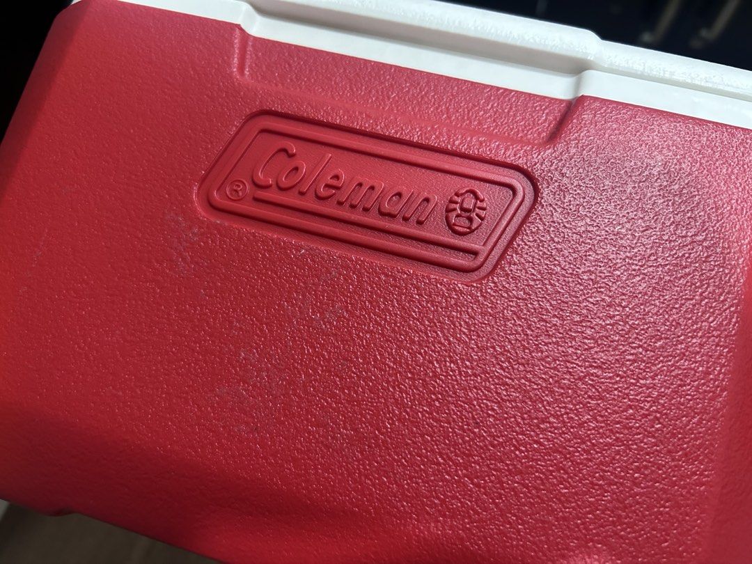 Coleman Red and White Cooler (Category: Hiking & Camping) located in Pasay City. Submitted by iaedd (Listing ID 1466185650, Image 2). Description: - 5qt (approximately 5L) - Used a few times, mostly stored - Small signs of sticker residue on front.