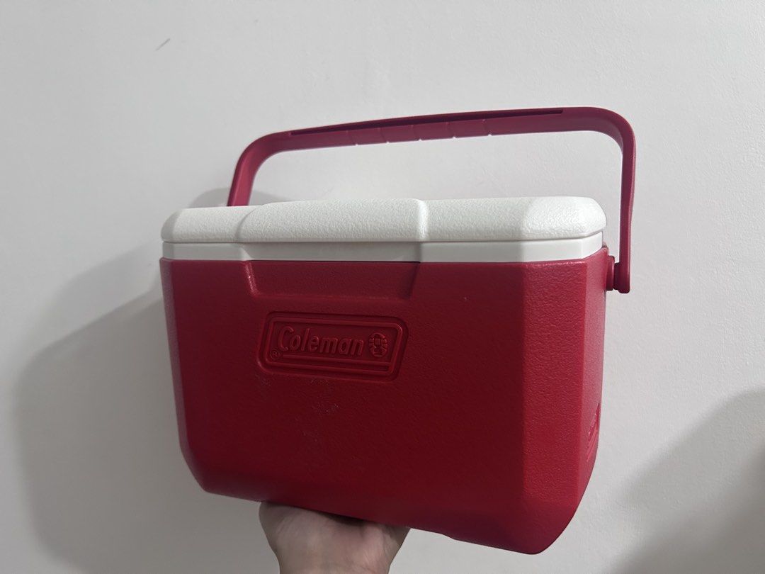 Coleman Red and White Cooler (Category: Hiking & Camping) located in Pasay City. Submitted by iaedd (Listing ID 1466185650, Image 1). Description: - 5qt (approximately 5L) - Used a few times, mostly stored - Small signs of sticker residue on front.