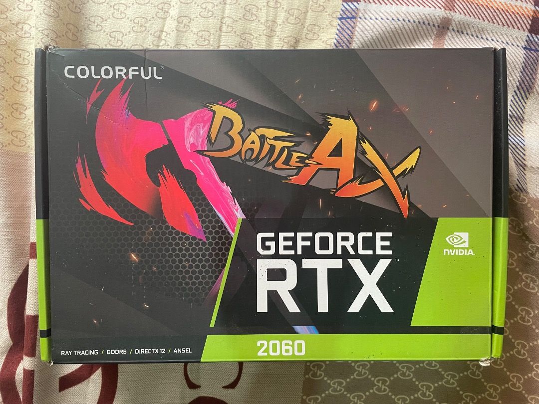 Colorful BattleAx GeForce RTX 2060 (Category: Computer Parts) located in Cavite. Submitted by mikah0711 (Listing ID 1465391863, Image 2). Description: - Model: Colorful BattleAx GeForce RTX 2060 with Dual Fans - Condition: Fully working, tested with zero issues during gaming (selling due to rig upgrade) - Aesthetics: Striking red and black shroud design - Inclusions: Comes with original box and protective foam - Compatibility: Standard PCIe slot 