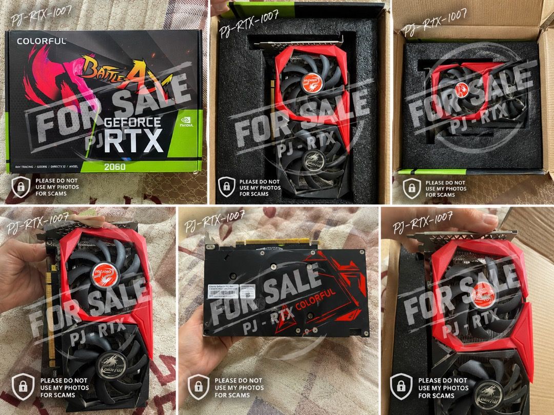 Colorful BattleAx GeForce RTX 2060 (Category: Computer Parts) located in Cavite. Submitted by mikah0711 (Listing ID 1465391863, Image 1). Description: - Model: Colorful BattleAx GeForce RTX 2060 with Dual Fans - Condition: Fully working, tested with zero issues during gaming (selling due to rig upgrade) - Aesthetics: Striking red and black shroud design - Inclusions: Comes with original box and protective foam - Compatibility: Standard PCIe slot 