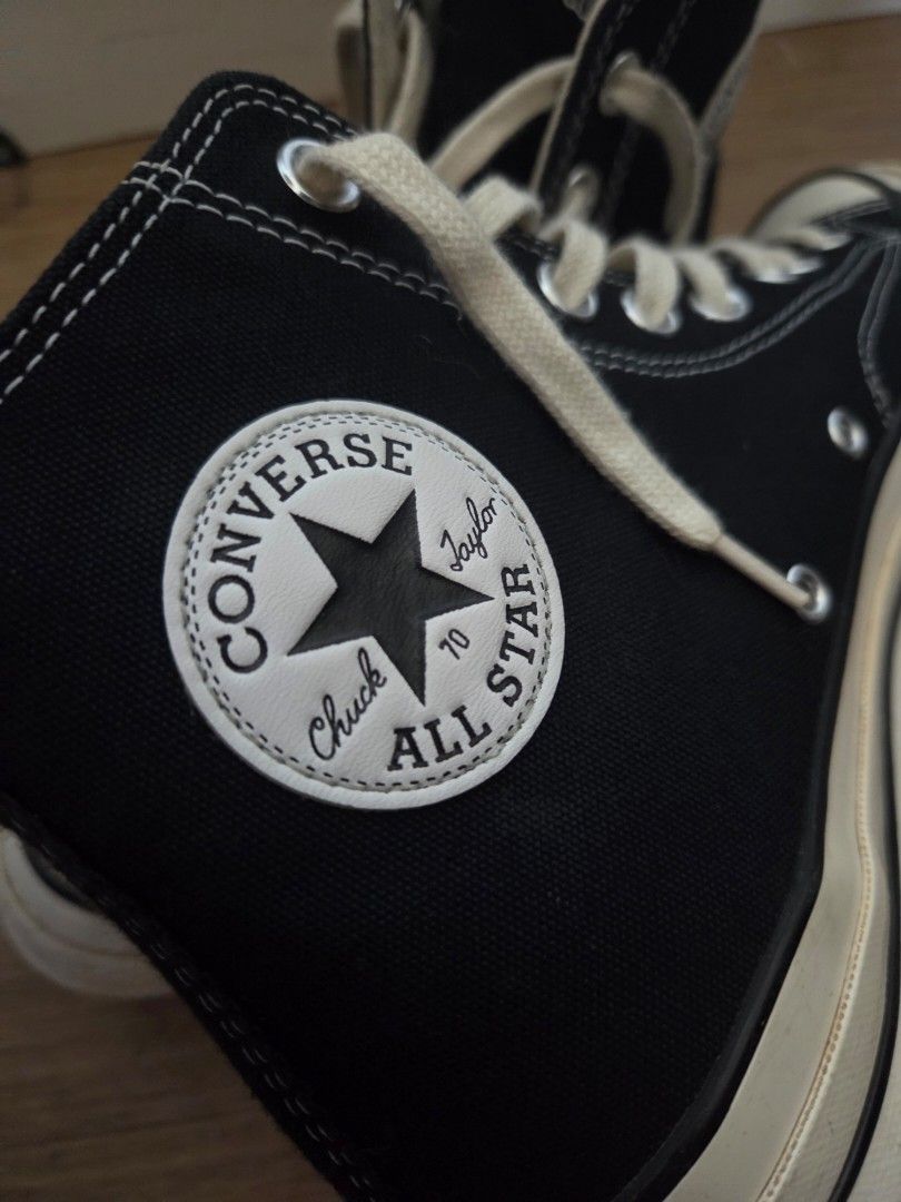 Size 8 Converse Chuck 70 High Top Black (Category: Sneakers) located in Santa Rosa. Submitted by prelovvdd (Listing ID 1466227027, Image 3). Description: - Model: Converse Chuck 70 High Top - Color: Classic Black & White - Material: Durable canvas upper with cotton laces - Features: Vulcanized rubber midsole, contrast stitching, metal side eyelets, and black heel patch - Style: Versatile everyday staple.