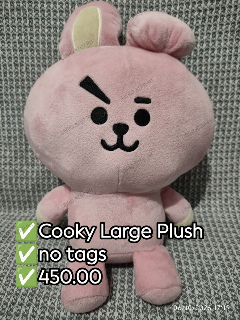 COOKY LARGE PLUSH (Category: K-Wave Merchandise) located in Quezon City. Submitted by libro_atbp (Listing ID 1466254139, Image 1). Description: 🧸💜 TINY TAN / BT21 FOR SALE! ⤷ Personal collection decluttering ✨ ⤷ Paubos sale. ⤷ 📸 Prices are on the photos. ⤷ 📍 North Olympus Subd., Quezon City • pm for inquiries • no cancellations! • PAYO ONLY! FIRST-TO-PAY POLICY MOD: sdd/j&t/flash MOP: gcash/maya/gotyme/maribank.