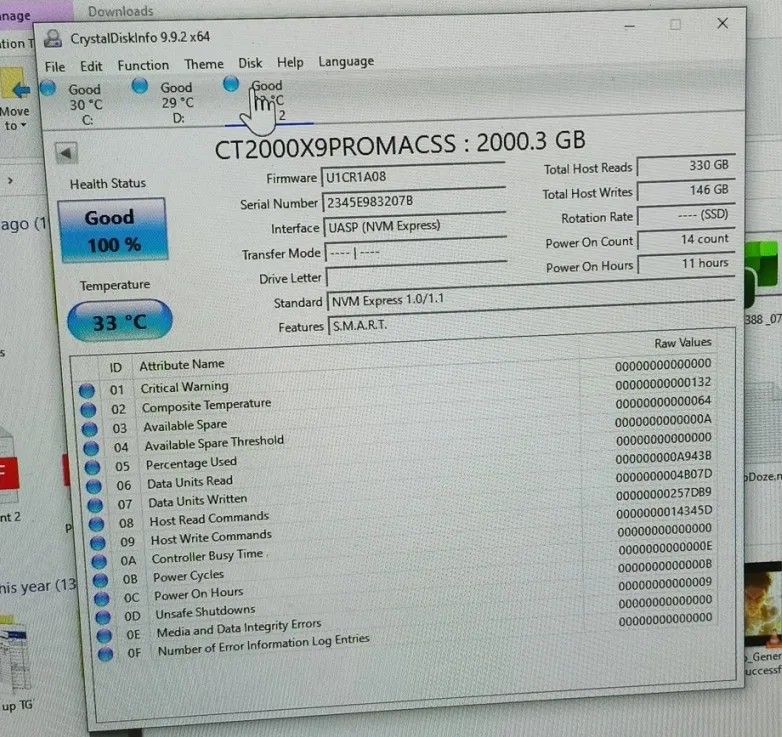 Crucial X9 Pro 2TB External SSD (Category: Hard Disks & Thumbdrives) located in Manila. Submitted by alouistr (Listing ID 1466298778, Image 3). Description: Selling Crucial X9 Pro 2TB External SSD *Brand new, opened once for testing *Complete with original box packaging *See CrystalDiskInfo stats in photos *Current SRP is around ~22,000Php Mode of payment: GCash/BDO bank transfer Mode of delivery: Lalamove/Grab/meetups Location: Manila.
