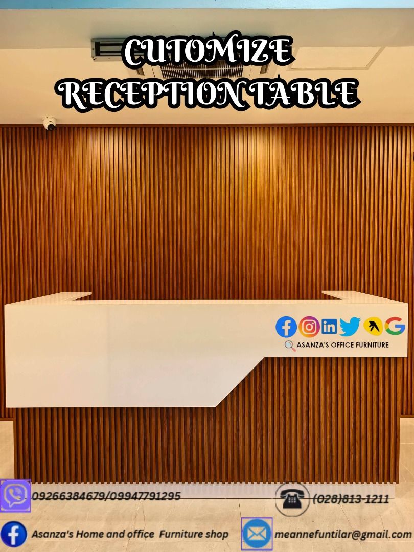 CUSTOMIZE RECEPTION/COUNTER TABLE W/PVC WALL PANEL (Category: Office Furniture & Fixtures) located in Caloocan City. Submitted by meannefunt41572 (Listing ID 1466220577, Image 1). Description: NOTE: THIS IS FOR POSTING PURPOSES ONLY, KINDLY DIRECT MESSAGE ME IN THE NUMBER ATTACHED IN THE PHOTOS FOR PRICE AND FOR MORE DETAILS 2026 FACTORY SALE -BIG DISCOUNTS! Perfect for home , offices , schools , and businesses Our Range of Products: Armchairs De