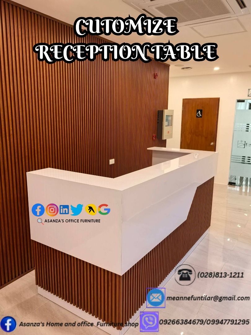 CUSTOMIZE RECEPTION/COUNTER TABLE W/PVC WALL PANEL (Category: Office Furniture & Fixtures) located in Caloocan City. Submitted by meannefunt41572 (Listing ID 1466220577, Image 2). Description: NOTE: THIS IS FOR POSTING PURPOSES ONLY, KINDLY DIRECT MESSAGE ME IN THE NUMBER ATTACHED IN THE PHOTOS FOR PRICE AND FOR MORE DETAILS 2026 FACTORY SALE -BIG DISCOUNTS! Perfect for home , offices , schools , and businesses Our Range of Products: Armchairs De