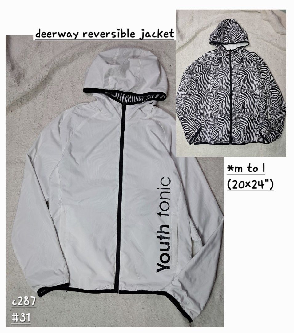 Deerway women's reversible jacket (Category: Coats, Jackets and Outerwear) located in Baguio. Submitted by mishmashfritz (Listing ID 1466227194, Image 1). Description: like new, no flaws, reversible animal print and plain white m to l, see dimes for reference.