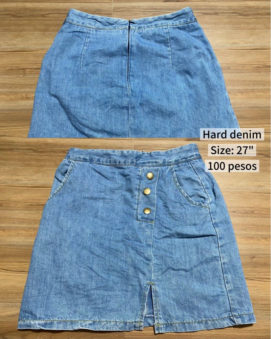 Denim Skirt Size 27 (Category: Skirts) located in Bulacan. Submitted by Spothings (Listing ID 1466163476, Image 1). Description: - Size: 27 waist - Material: Sturdy hard denim (Light wash) - Details: Button-down front with 3 bronze-toned buttons - Design: Front slit near bottom hem - Pockets: Two functional side pockets - Style: Casual and easy to pair with any top.