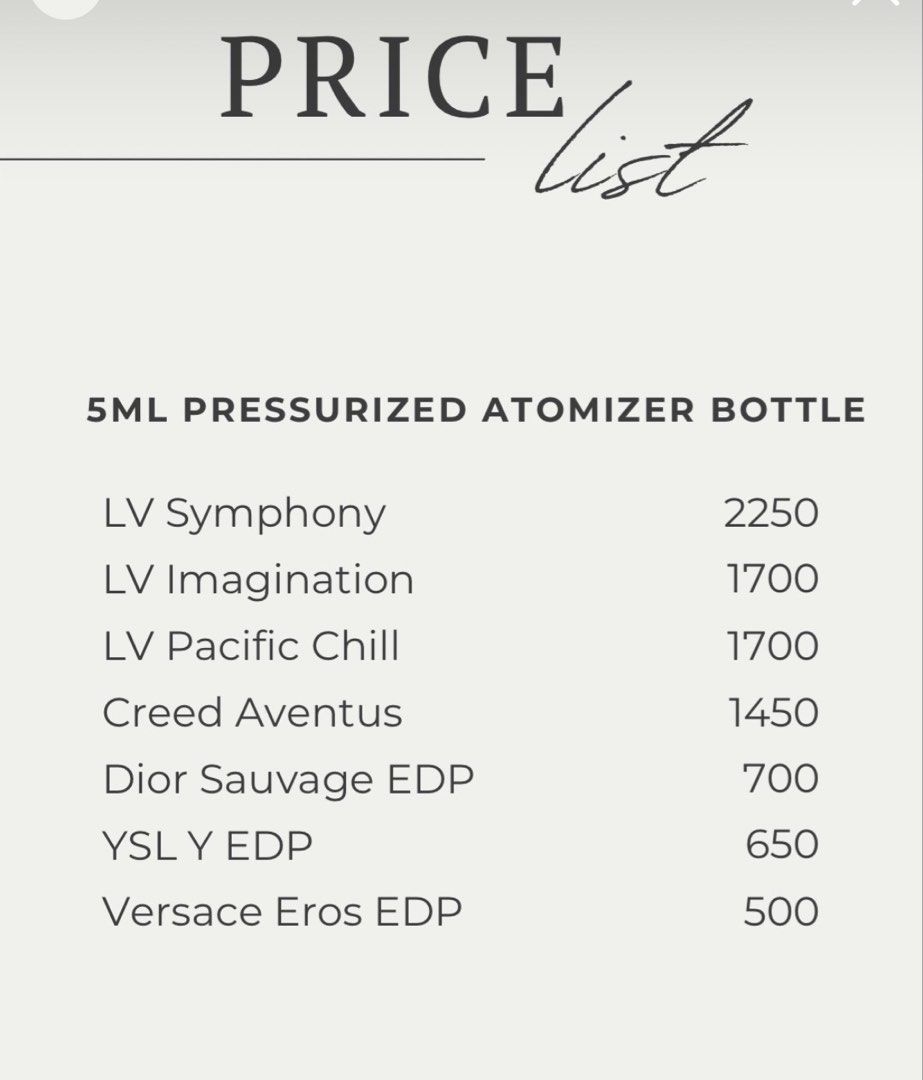 Designer Fragrance Decants 5ml Pressurized Atomizer (Category: Fragrance & Deodorants) located in Quezon City. Submitted by scentsay_ (Listing ID 1466271628, Image 2). Description: - 100% authentic high-end designer and niche perfumes - Convenient 5ml travel-friendly pressurized atomizers - Collection includes: Louis Vuitton (Symphony, Imagination, Pacific Chill), Creed Aventus, Dior Sauvage EDP, YSL Y EDP, and Versace Eros EDP - Send a message t