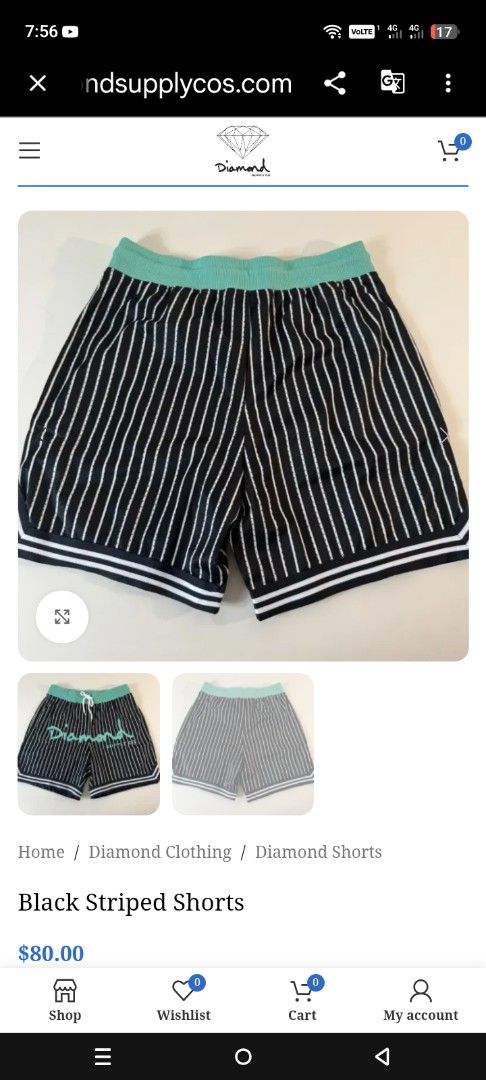 Diamond Supply Co. Black Striped Shorts Medium (Category: Shorts) located in Quezon City. Submitted by zealstone_baf57c (Listing ID 1466336735, Image 2). Description: - Brand: Diamond Supply Co. - Condition: Excellent / Like New - Size: Medium - Design: Black and white stripes with mint green waistband and matching cursive logo - Features: Adjustable drawstring waist - Material: 100% lightweight polyester - Retail Price: $80 on official site - Mo