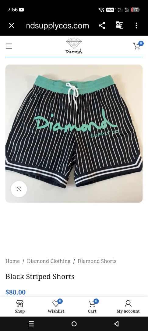 Diamond Supply Co. Black Striped Shorts Medium (Category: Shorts) located in Quezon City. Submitted by zealstone_baf57c (Listing ID 1466336735, Image 1). Description: - Brand: Diamond Supply Co. - Condition: Excellent / Like New - Size: Medium - Design: Black and white stripes with mint green waistband and matching cursive logo - Features: Adjustable drawstring waist - Material: 100% lightweight polyester - Retail Price: $80 on official site - Mo