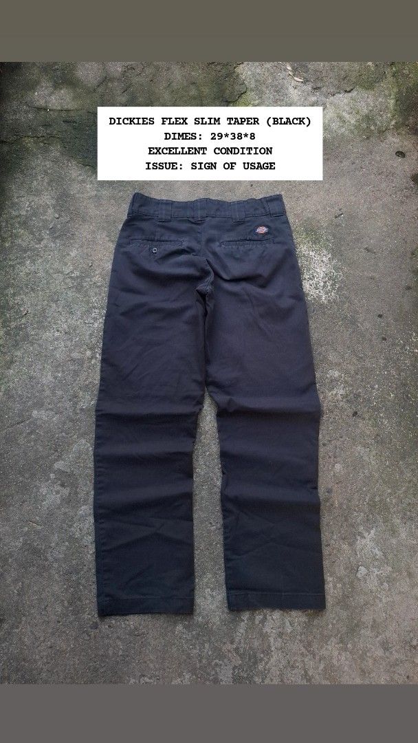 Dickies Flex Slim Taper Black Pants - Size 29 (Category: Trousers) located in Manila. Submitted by bonaobrag55538 (Listing ID 1466204660, Image 1). Description: - Brand: Dickies - Style: Flex slim taper pants - Color: Black - Size: 29x38x8 - Material: Stretch fabric for easy movement - Details: Classic workwear design with standard back pockets and logo tag - Condition: Minor signs of usage, sturdy and ready to wear - Ideal for: Everyday casual w