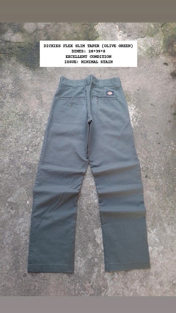 Dickies Flex Slim Taper Olive Green Pants Size - 28 (Category: Trousers) located in Manila. Submitted by bonaobrag55538 (Listing ID 1466202377, Image 1). Description: - Brand/Model: Dickies Flex Slim Taper Pants - Color: Olive Green - Size: Waist 28 | Length 39 | Leg Opening 8 - Material: Comfortable, stretchable fabric for easy movement - Details: Button closure, zipper fly, multiple utility pockets, and iconic back pocket logo patch - Condition