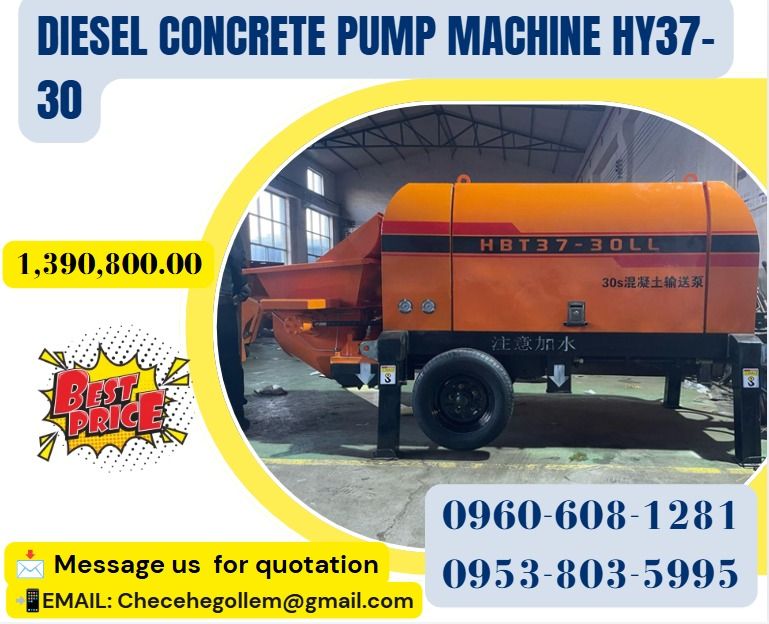 diesel concrete pump machine HY37-30 (Category: Industrial Equipment) located in Caloocan City. Submitted by nataliemor30968 (Listing ID 1466162161, Image 1). Description: 1.Model: HY37-30 2.Engine: diesel 3.Power: 4105 4.Oil pump power: 100 plunger oil pump 5.Aggregate diameter: 5-30mm 6.Theoretical conveying capacity:15-20m³/h 7.Vertical conveying height (for fine stone): 90m 8.Horizontal conveying distance (for fine stone):180m 9.Vertical conv