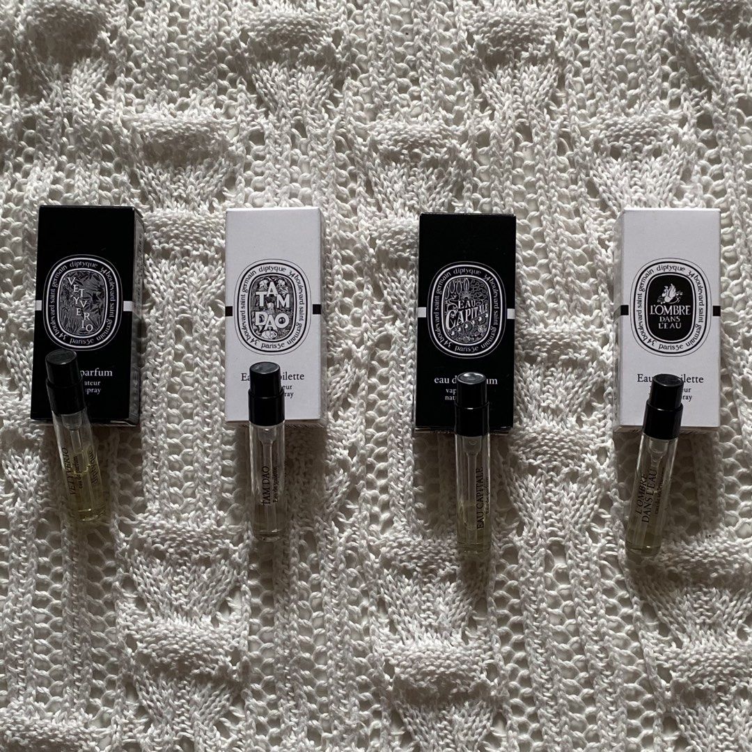 Diptyque Perfume Sample Set (Category: Fragrance & Deodorants) located in Cebu City. Submitted by regiena.jeorge (Listing ID 1466178746, Image 2). Description: this set has vetyverio edp, tam dao edt, eau capitale edp, l'obre dans l'eau edt could also sell individually if interested ! check individual pics for dent.