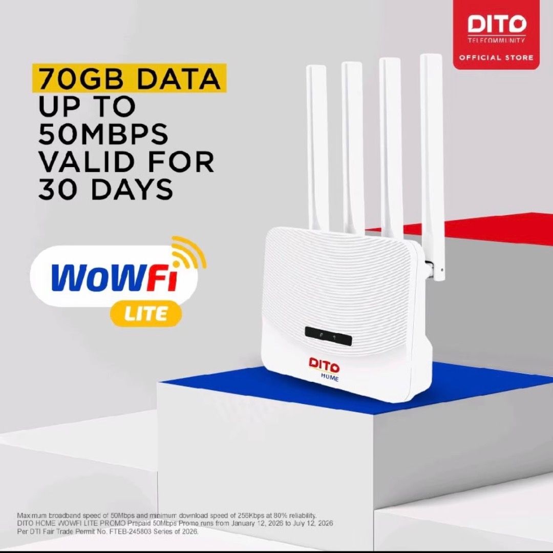 Dito Home WowFi Lite Router (Category: Networking) located in Caloocan City. Submitted by silentwind_1f8763 (Listing ID 1466166776, Image 1). Description: - Item: Dito Home WowFi Lite Wireless Router (White) - Speed: Up to 50Mbps for fast home internet - Setup: Easy configuration via the Dito app, plug-and-play design - Inclusions: 4 external antennas, power adapter, yellow ethernet cable, and original box - Condition: Complete set in original pa