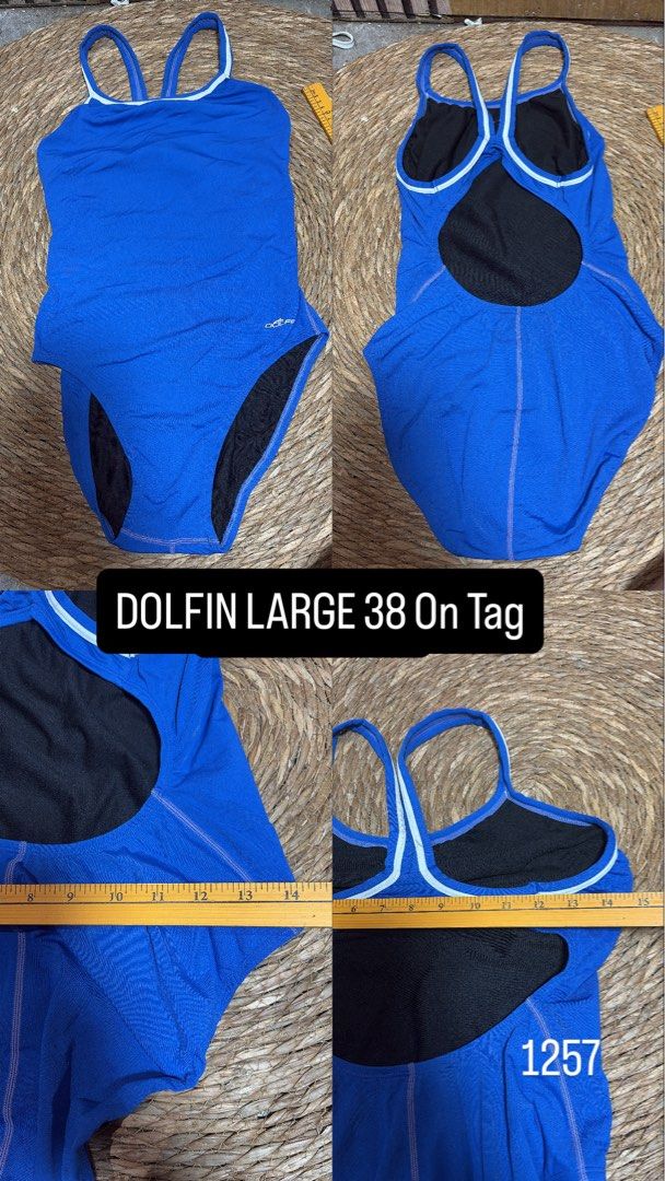 Dolfin Swimwear Large (Category: Activewear) located in Malabon City. Submitted by lheithriftshop (Listing ID 1466231162, Image 2). Description: The selected item appears to be a royal blue Dolfin Team Solid DBX Back Competitive One-Piece Swimsuit with light blue strap trim and a size 38 tag.