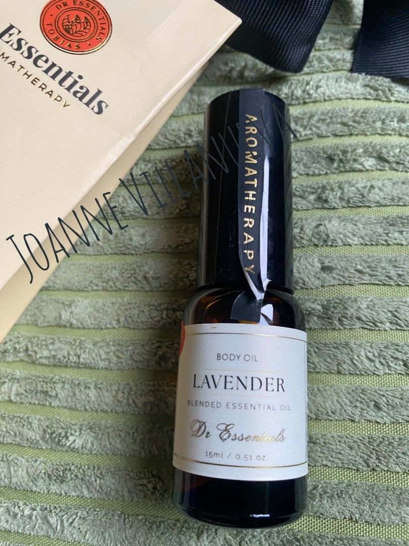 Dr Essentials Lavender Aromatherapy Body Oil 15ml (Category: Body Care) located in Manila. Submitted by pretty_sale (Listing ID 1466232406, Image 3). Description: - Brand: Dr Essentials - Product: Lavender Aromatherapy Body Oil - Volume: 15ml - Benefits: Relaxing and calming blend - How to use: Apply and massage onto affected area - Inclusions: Original box and black ribbon included - Condition: Brand new and authentic - Perfect for daily relaxat