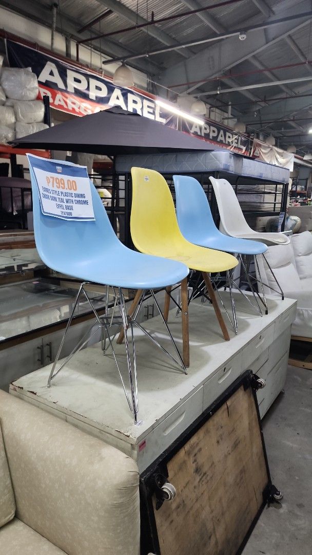 Eames Style Plastic Dining Chair Eiffel Base (Category: Chairs) located in Cainta. Submitted by christine07. (Listing ID 1466162601, Image 3). Description: - Style: Mid-century modern design with clean lines - Materials: Molded plastic shell and sturdy chrome Eiffel wire base - Colors Available: Green, Blue, Yellow, and White - Features: Lightweight, stackable, and equipped with protective floor glides - Versatile Use: Ideal for dining areas, stu