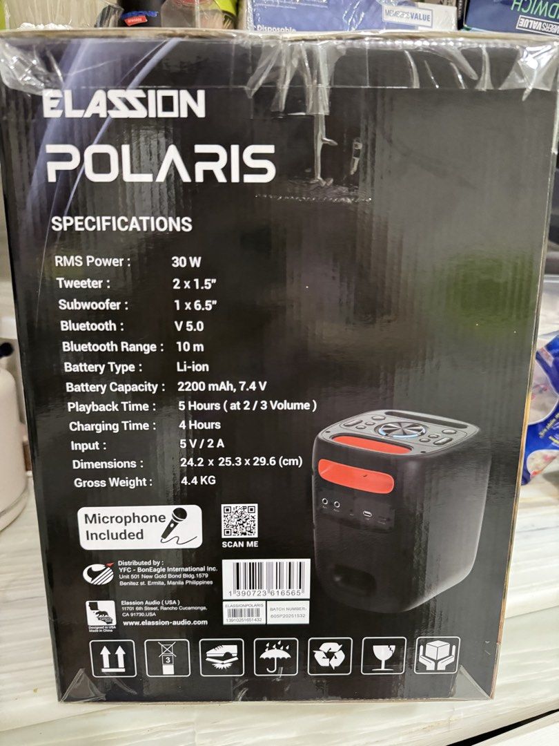 Elassion Polaris Bluetooth Speaker 30W with Microphone (Category: Soundbars, Speakers & Amplifiers) located in Caloocan City. Submitted by lulla168 (Listing ID 1466169456, Image 1). Description: - Brand new Elassion Polaris speaker with powerful 30W RMS output - Features a 6.5" subwoofer and dual 1.5" tweeters for amazing sound quality - Bluetooth 5.0 connectivity with up to a 10-meter range - Reliable 2200 mAh (7.4V) battery lasting up to 5 hour