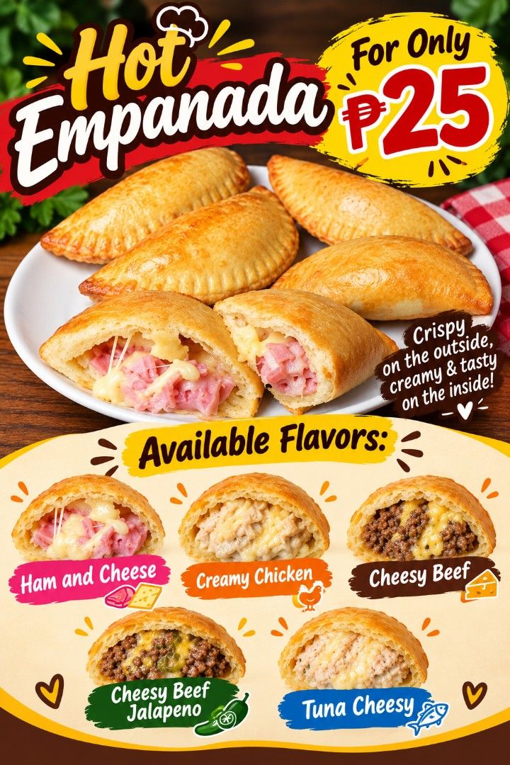 Empanada pack of 6 for only 100 (Category: Chilled & Frozen Food) located in General Trias. Submitted by celeri888 (Listing ID 1466166509, Image 1). Description: empanada frozen different falvors garantisadong masarap lahat ng flavor message or call for order we accept bulk order . reseller are welcome..