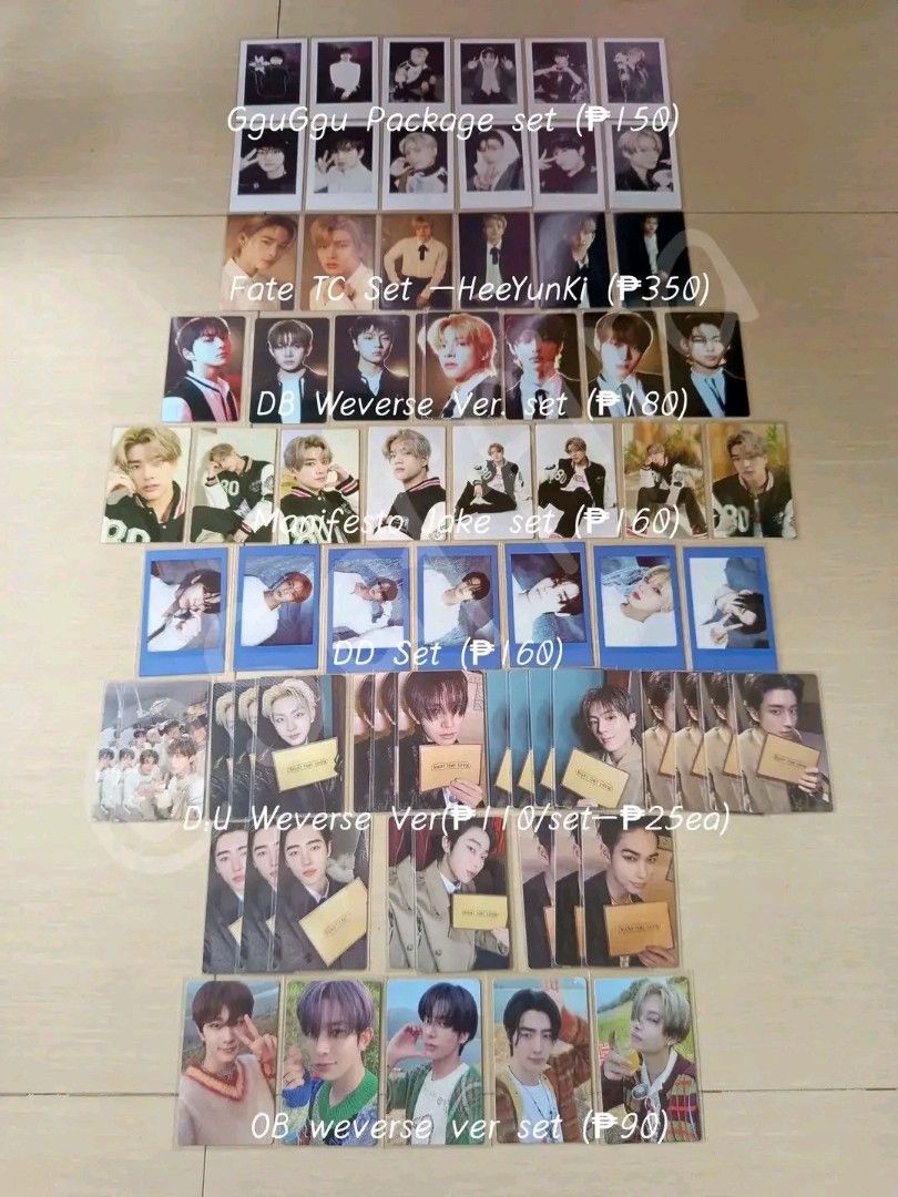 Enhypen Photocards & Album Sets (Category: K-Wave Merchandise) located in Manila. Submitted by saffiraaaa (Listing ID 1466313776, Image 2). Description: - Clearing out ENHYPEN collection - Available items: Individual photocards, sets (GguGgu Package, Fate TC, DB Weverse, Manifesto, DD, D-U, OB Weverse) - Unsealed albums available: Orange Blood (Ksana, Kalpa, Engene Ver.), Daydream, Dimension Answer (NO ver.) - Prices indicated in the photos - Sen