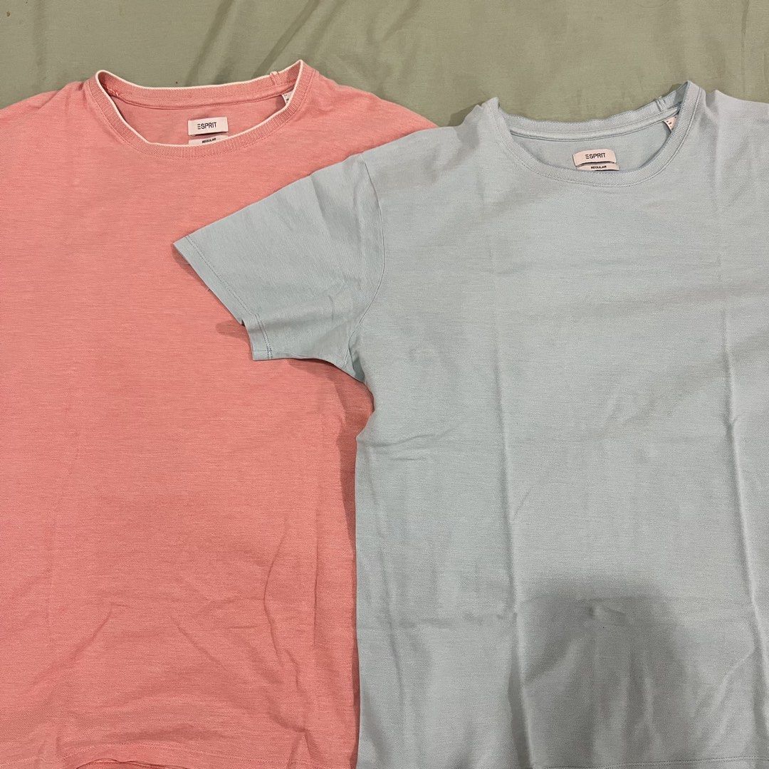 Esprit Regular Fit T-Shirts Bundle Size L (Category: Tshirts & Polo Shirts ) located in Cavite. Submitted by jeklitam07235 (Listing ID 1466263575, Image 1). Description: Bundle of two Esprit regular fit t-shirts. One in light blue, one in pink with contrast collar trim. Both crew neck, short sleeves. Size L on tags. Soft textured knit fabric. Clean condition, tags intact..