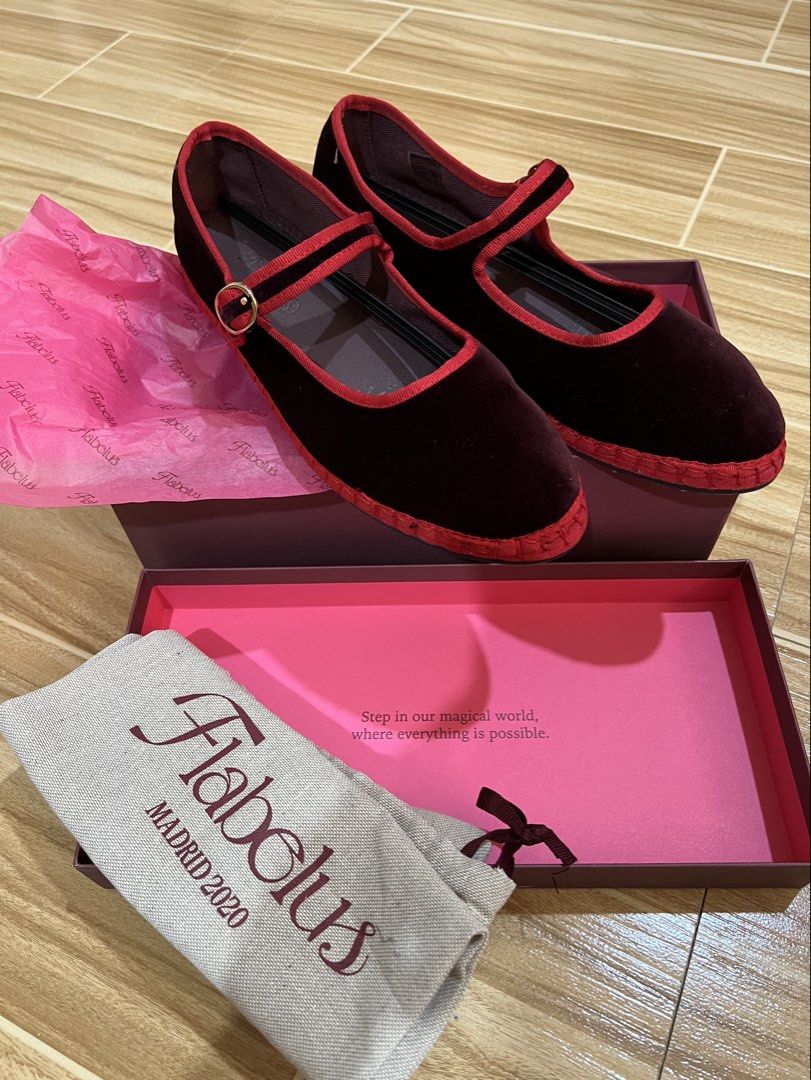 Fabelus Mary Jane size 40 (Category: Flats & Sandals) located in Davao. Submitted by bengscloset (Listing ID 1466221408, Image 1). Description: Brand: Fabelus Mary Jane (Made in Spain) Color: SMOLLETT (Deep burgundy velvet with bright red trim) Size: 40 Details: this is handmade Condition: like new (bought it from greenbelt pop-up recently) Inclusions: box and branded dust bag 📌 No rush shipping. 📦 Shipping fee c/o buyer. 📍Davao City 💌 Feel f