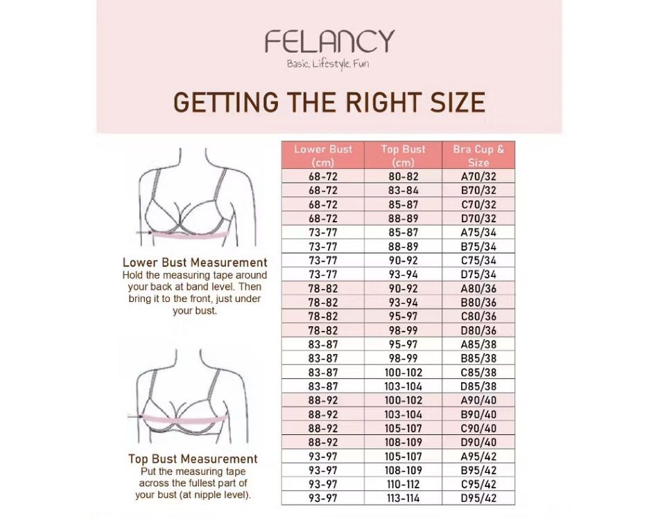 Felancy Basic Comfort Wireless Bra (Category: New Undergarments & Loungewear) located in Hulu Langat. Submitted by nrullntsha (Listing ID 1466299079, Image 3). Description: - Brand: Felancy - Colors: Black & Nude - Design: Wireless with seamless molded cups - Fabric: Soft textured material for all-day comfort - Support: Adjustable dual straps and secure wide ribbed underband - Note: Please refer to the sizing guide in the photos.