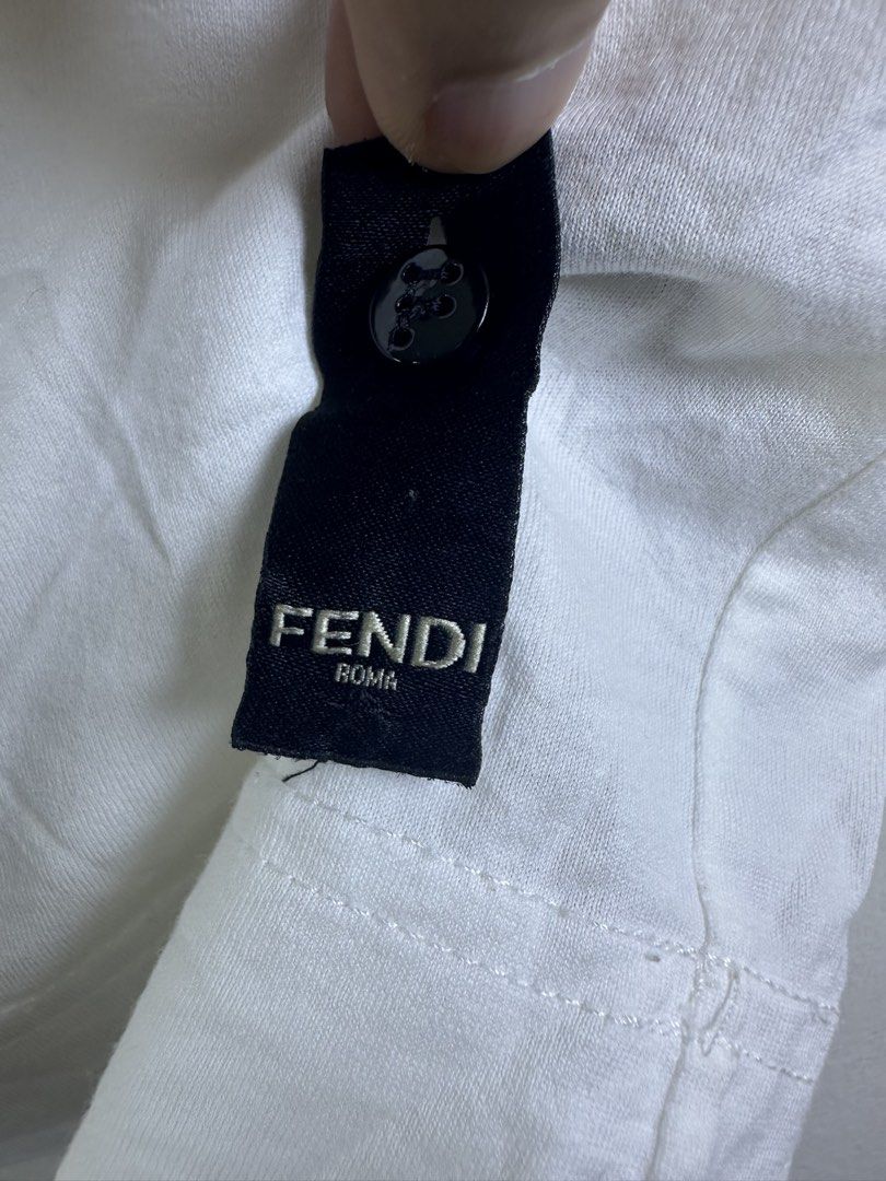 Fendi Roma White T-Shirt (Category: Shirts) located in Manila. Submitted by declutterpromax (Listing ID 1466209968, Image 2). Description: - Fendi Roma T-Shirt, Made in Italy - Color: Crisp White - Design: Embossed Fendi Roma lettering with subtle graphic map details - Fit: Regular fit, short sleeves, crew neck - Condition: Clean, classic luxury piece.