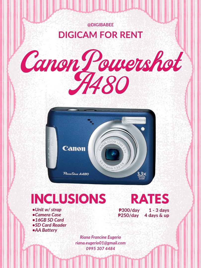 FOR RENT: Canon Powershot A480 Digicam (Category: Cameras) located in Quezon City. Submitted by yanasss_closet (Listing ID 1466160103, Image 1). Description: Canon Powershot A480 Digicam (Blue) Strap camera case 16GB SD card SD card reader AA battery with charger ₱300 per day (1-3 days) ₱250 per day (4 days and up) Quezon City.