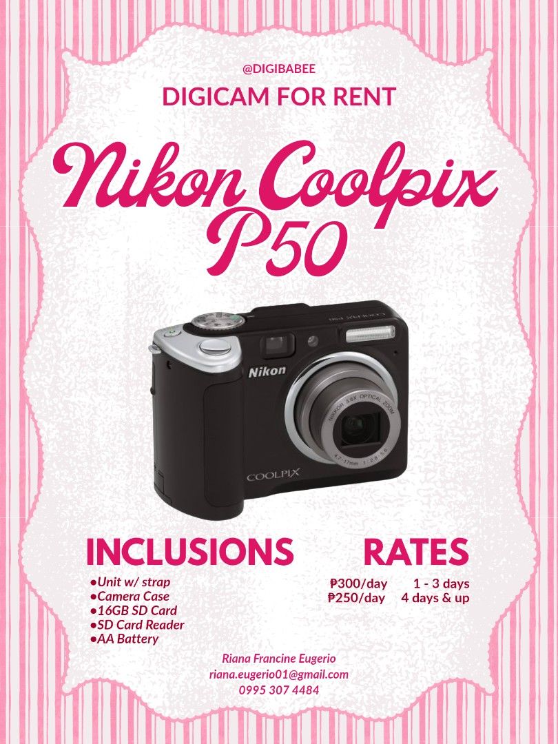 FOR RENT: Nikon Coolpix P50 Digicam (Category: Cameras) located in Quezon City. Submitted by yanasss_closet (Listing ID 1466158325, Image 1). Description: Nikon Coolpix P50 Camera Rental Unit with strap camera case 16GB SD card SD card reader AA batteries with charger P300 per day (1-3 days) P250 per day (4 days and up) Perfect for events, travels, and projects G7x dupe!! Quezon City.