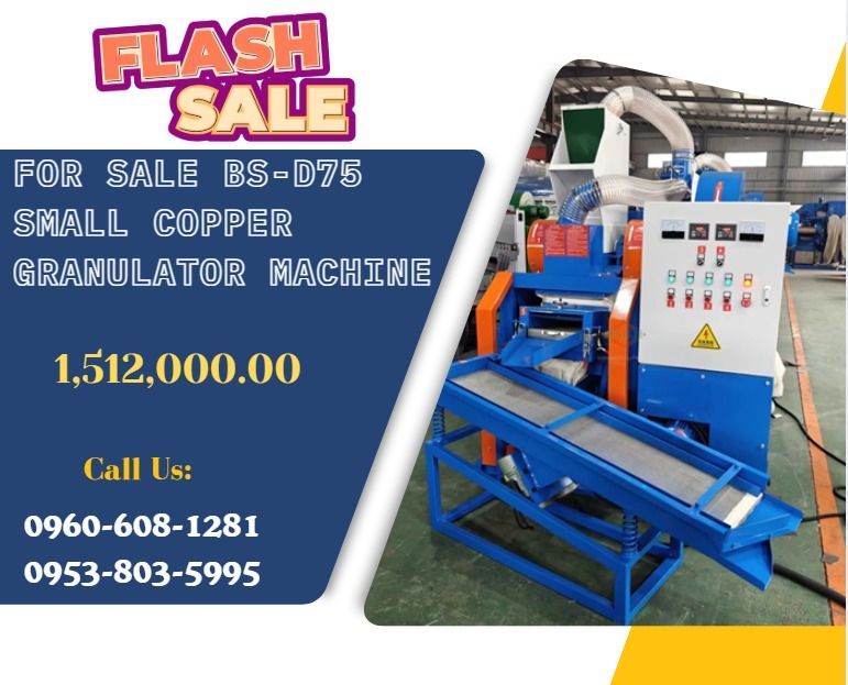 FOR SALE BS-D75 SMALL COPPER GRANULATOR MACHINE (Category: Everything Else Others) located in Aroroy. Submitted by 09602831019 (Listing ID 1466164634, Image 1). Description: ●CAPACITY:70kg /h ●SIZE:1700*1600*2200mm ●POWER :18kw ●VOLTAGE: support customization ●WEIGHT:1500kg .