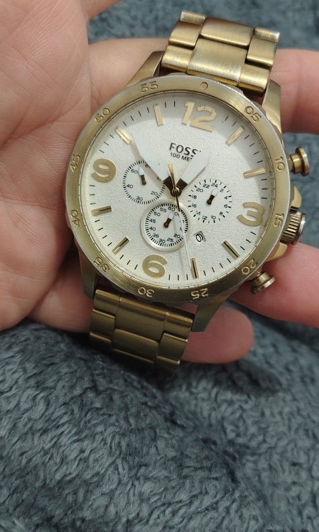 Fossil Nate Chronograph / JR1479 (Category: Men's Watches) located in Cebu City. Submitted by aceoftime (Listing ID 1466319445, Image 2). Description: In good working condition Fully working chronograph quartz movt with date display All in stainless steel gold tone plating 50mm big face watch Watch only Our Guarantee: 💯 Authentic All watches are checked by our experienced technician to ensure good functionality Please manage your expectations si