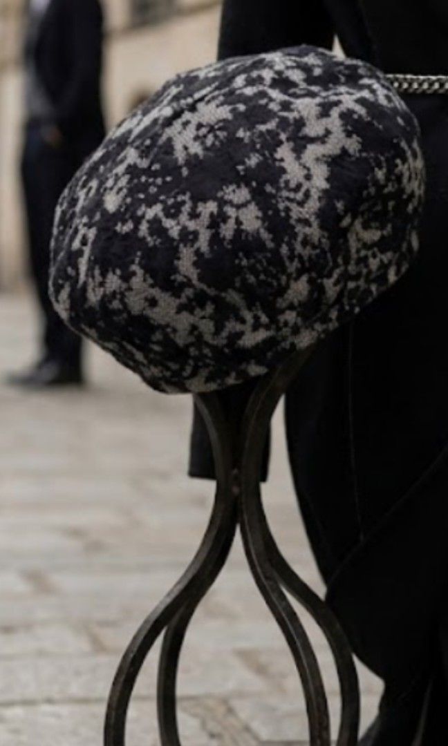 French styled art's black and grey patterned knit beret (Category: Coats, Jackets and Outerwear) located in Manila. Submitted by sengfigther06francis (Listing ID 1466263498, Image 1). Description: art's French styled Black and grey patterned knit beret hat, featuring an all-over abstract or jacquard textured weave..