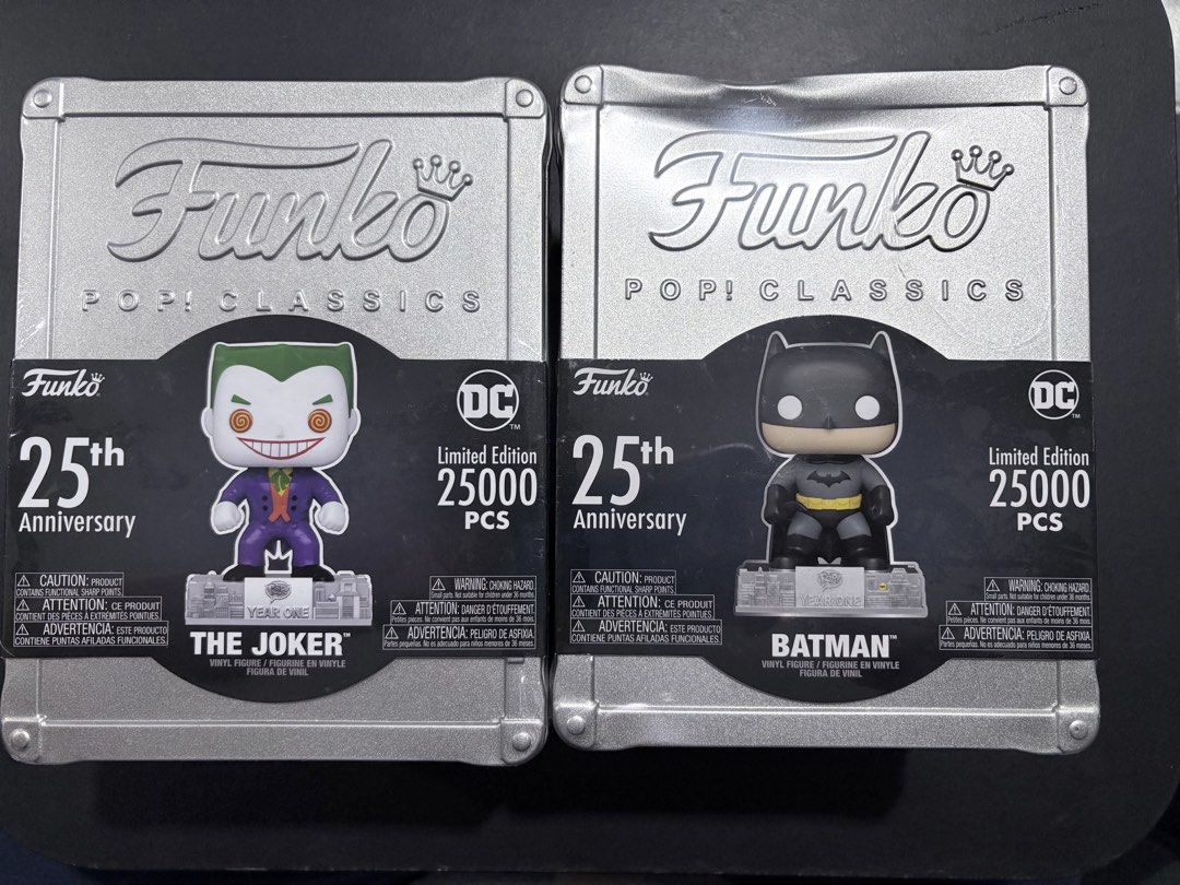 Funko Pop Classics 25th Anniversary Batman & The Joker Set (Category: Designer & Blind Box Toys) located in Manila. Submitted by popnloaded (Listing ID 1466320520, Image 1). Description: FS: Funko Pop Classics 25th Anniversary Batman & The Joker Set Limited edition of 25,000 pieces worldwide. Inside the sealed silver tin: one vinyl figure, one pin, one certificate, and one coin. standard size packaging. Joker Tin box - Mint condition no dents P2,