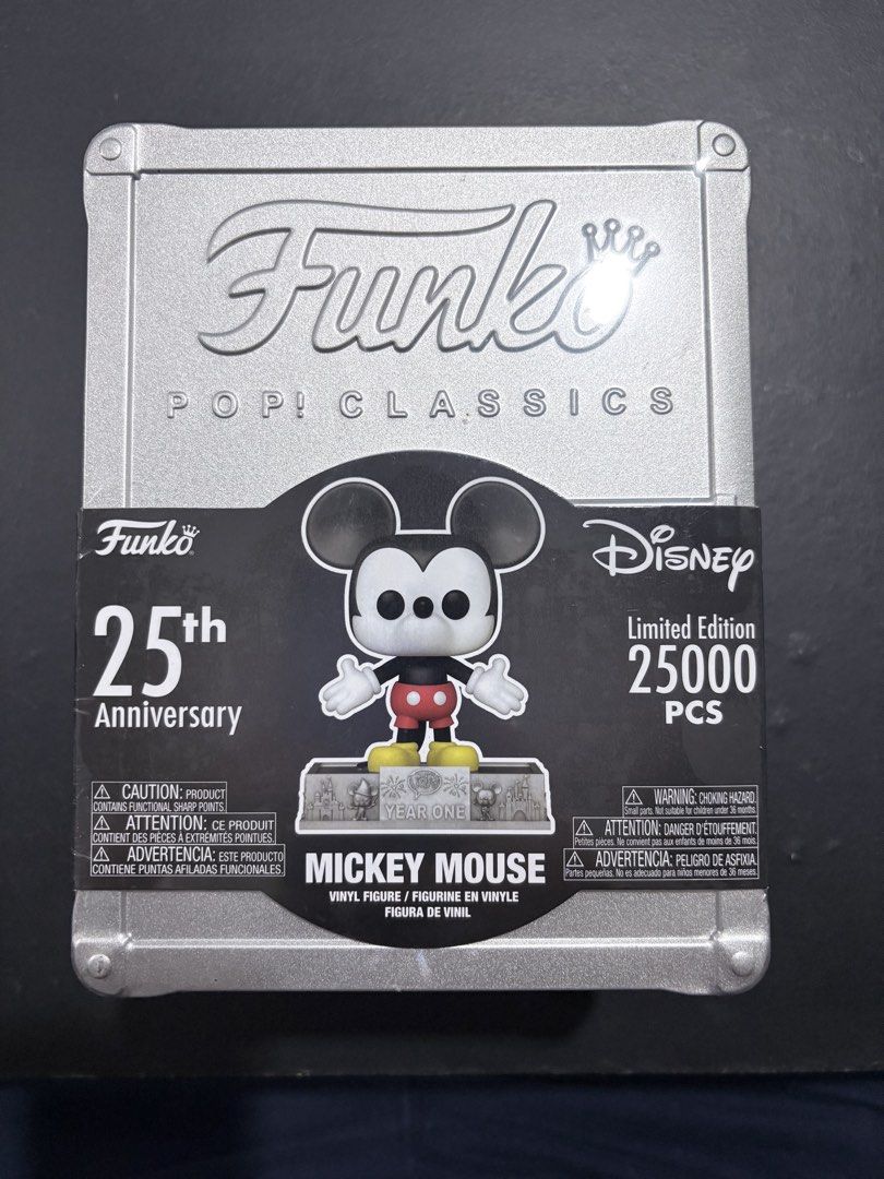 Funko Pop Classics Mickey Mouse 25th Anniversary Tin (Category: Designer & Blind Box Toys) located in Manila. Submitted by popnloaded (Listing ID 1466320155, Image 1). Description: FS: Disney Mickey Mouse 25th Anniversary Funko Pop Classics. Limited edition of 25,000 pieces worldwide. Inside the sealed silver tin: one vinyl figure, one pin, one certificate, and one coin. standard size packaging. Tin box have dents on the side photo for reference.