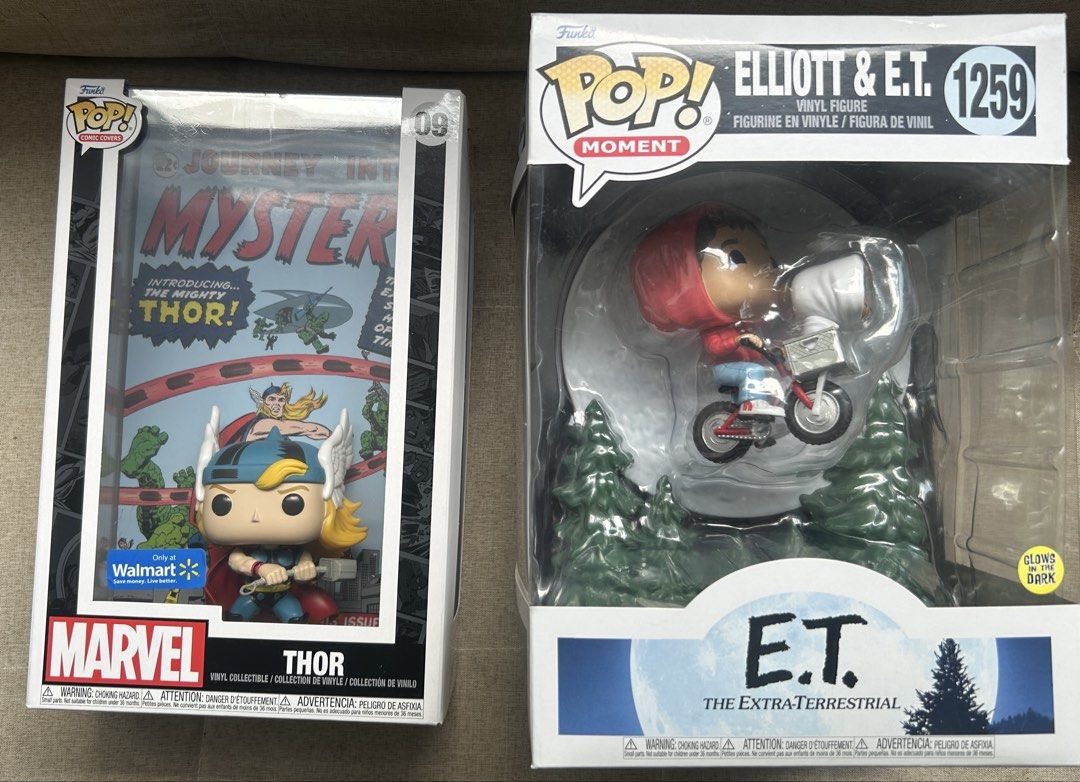 Funko Pop Thor Comic Cover #09 & E.T. #1259 (Category: Designer & Blind Box Toys) located in Binan City. Submitted by bryanrayespulgar (Listing ID 1466316040, Image 1). Description: - Thor Comic Covers #09: Journey into Mystery backdrop with Walmart Exclusive sticker php 2200 - E.T. & Elliott Pop Moment #1259: Features Glow-in-the-Dark (GITD) effect Php 1800 - Both boxes intact with clear plastic windows - Perfect for Marvel and movie collectors 