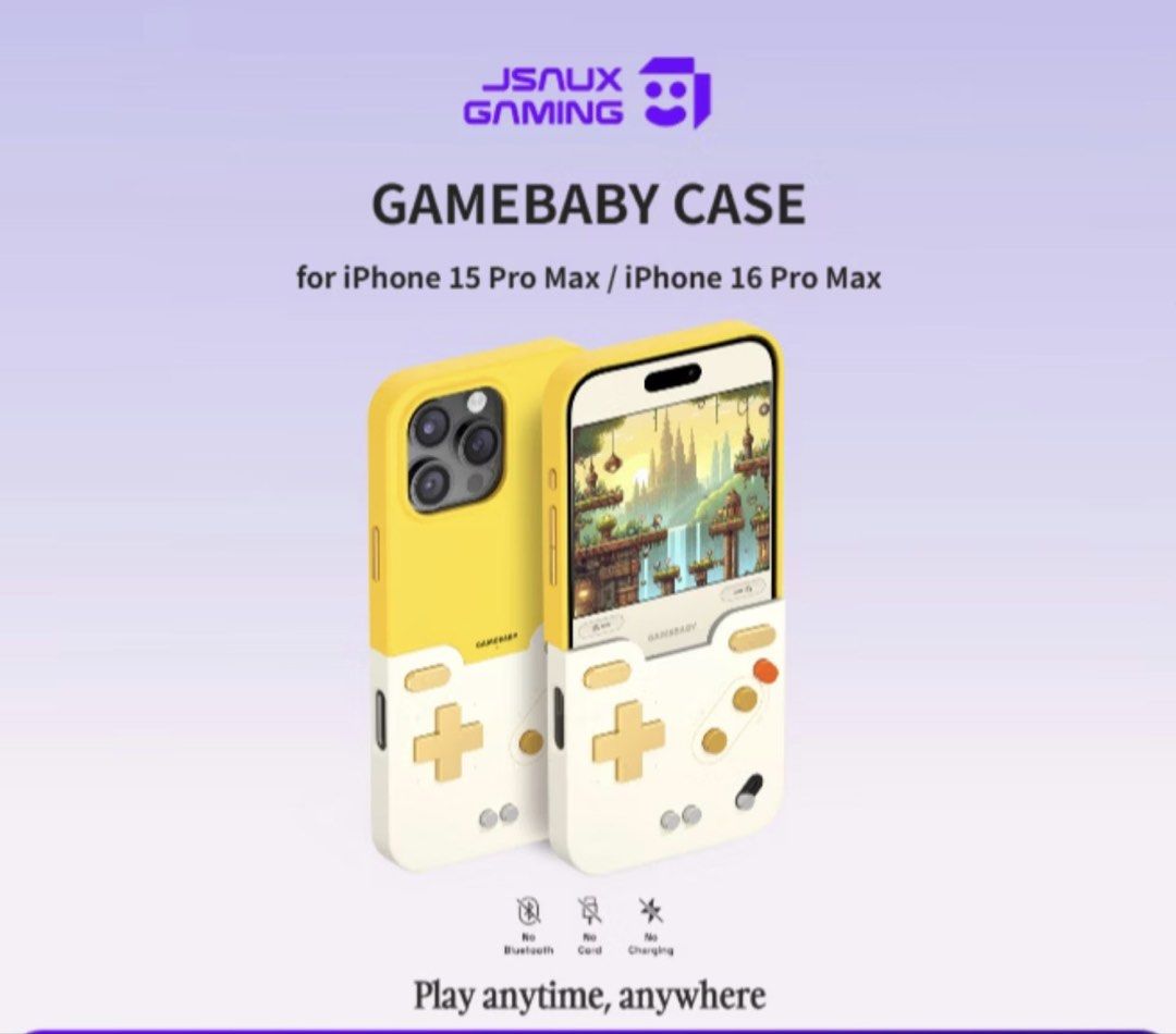 Gamebaby Phone Case for iPhone 16 Pro Max (Category: Cases & Sleeves) located in Quezon City. Submitted by bitsnbobs21 (Listing ID 1466269076, Image 2). Description: Gamebaby Phone Case for iPhone 16 Pro Max - Compatible with iPhone 16 Pro Max and iPhone 15 Pro Max - Unique retro gaming console design in yellow and off-white - Mechanical buttons for tactile retro gaming experience - No Bluetooth, cords, or charging required - Sliding mechanical d