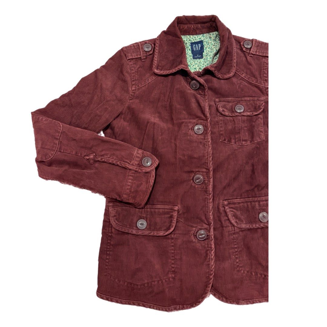 Gap Maroon Corduroy Jacket (Category: Coats, Jackets and Outerwear) located in Santa Rosa. Submitted by cmasangkay (Listing ID 1466229595, Image 1). Description: - Brand/Style: Gap maroon corduroy jacket - Size: 6 (tagged on collar) - Features: Button-up front, multiple chest and lower utility pockets, and button cuffs - Details: Beautiful green floral inner lining, classic structured fit - Origin: Made in India - Condition: Excellent pre-loved c