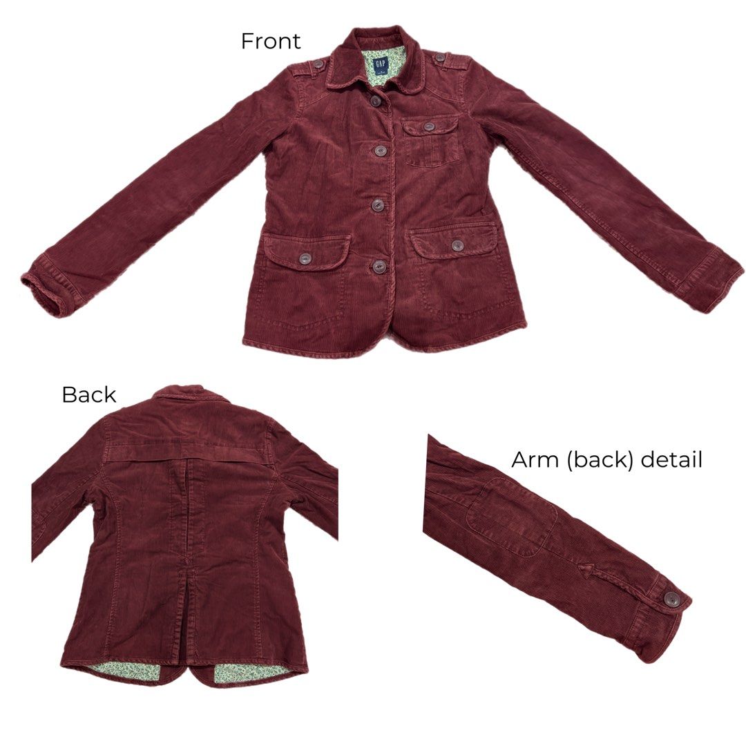 Gap Maroon Corduroy Jacket (Category: Coats, Jackets and Outerwear) located in Santa Rosa. Submitted by cmasangkay (Listing ID 1466229595, Image 2). Description: - Brand/Style: Gap maroon corduroy jacket - Size: 6 (tagged on collar) - Features: Button-up front, multiple chest and lower utility pockets, and button cuffs - Details: Beautiful green floral inner lining, classic structured fit - Origin: Made in India - Condition: Excellent pre-loved c